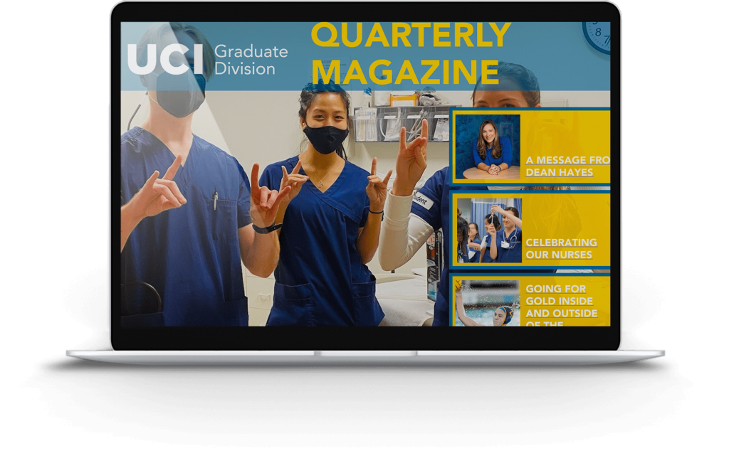UCI Grad Magazine cover on a laptop screen